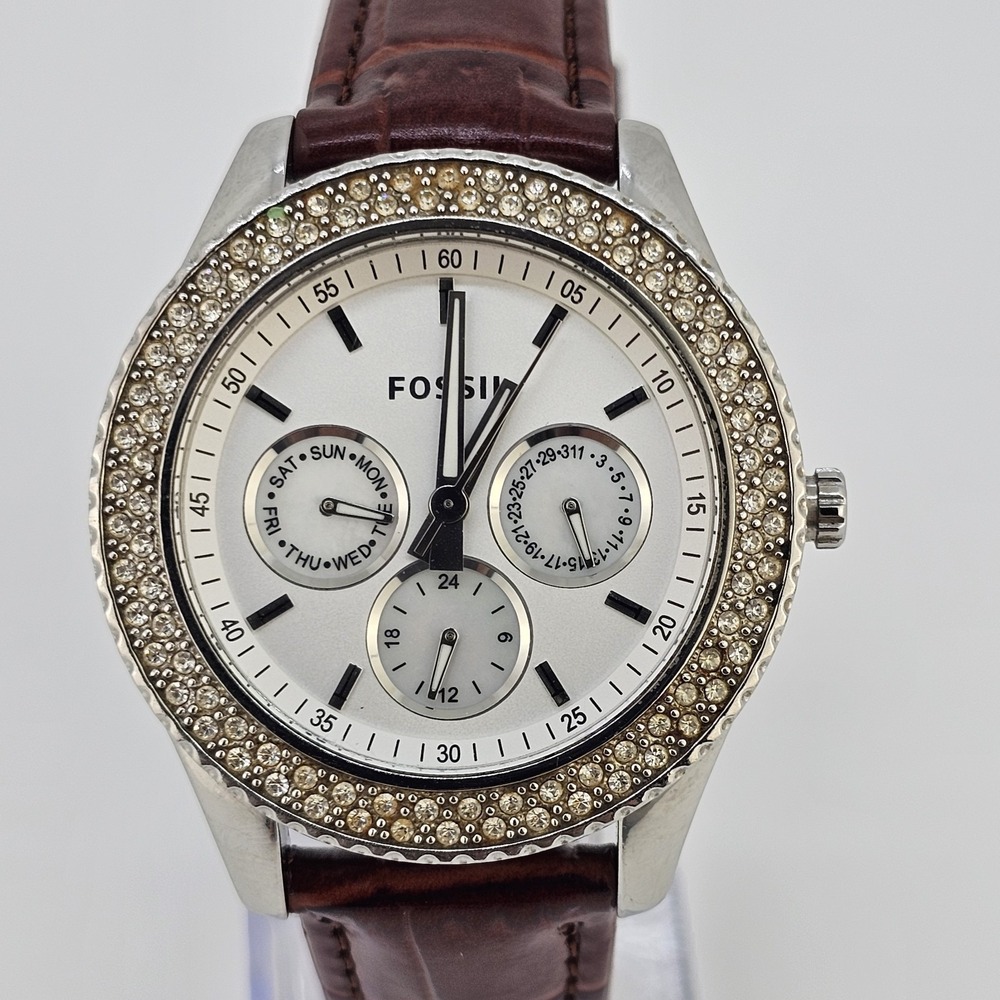 Fossil Women's Watch 38MM White Dial DayDate NEW Brown Leather Bands NEW Battery - Picture 2 of 14